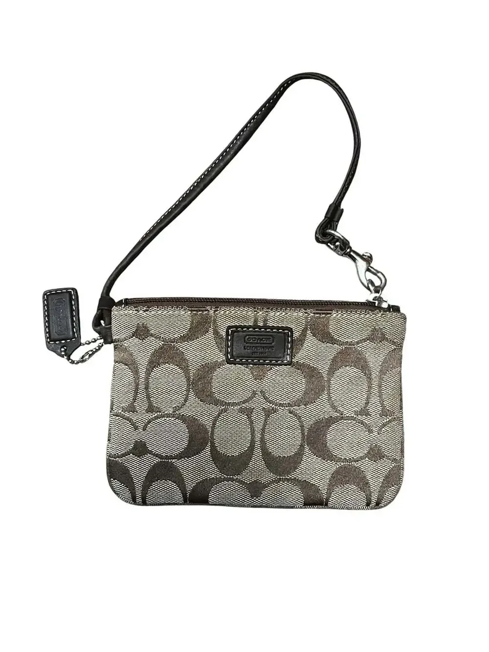 Coach Signature Canvas Monogram Wristlet Pouch with Brown Leather Trim